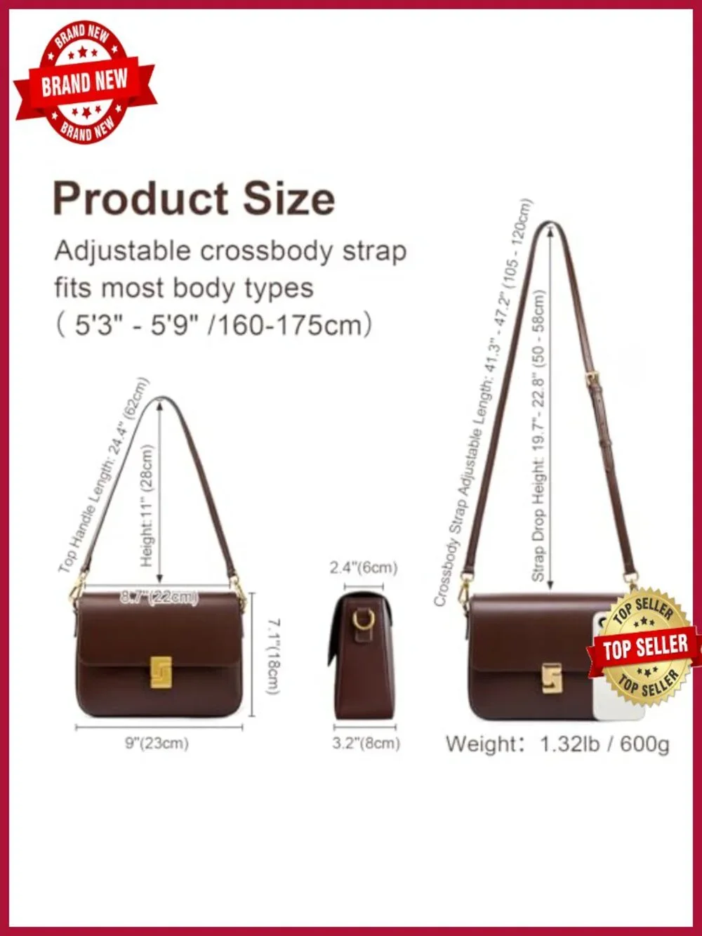 Genuine Leather Crossbody Shoulder Bag with Adjustable Strap, Gold Hardware,